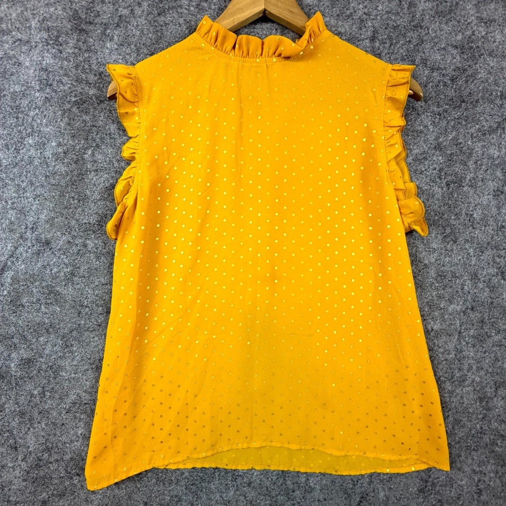Shannon Ford NY Blouse Top Womens LP Yellow Polka Dot Ruffle Trim Keyhole Back